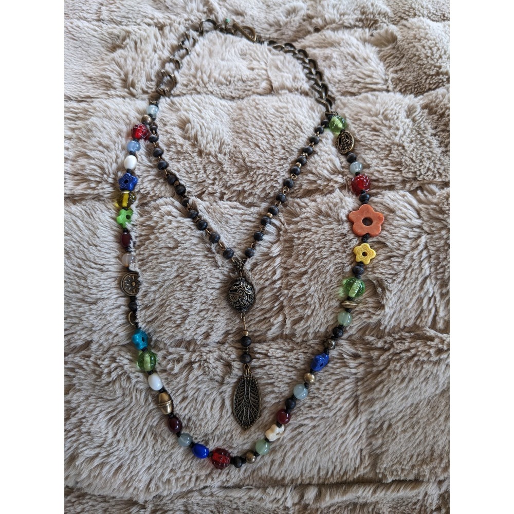 Vintage Lucky Brand Boho Layered Beaded Lariat Necklace Leaf Drop Toggle Clasp